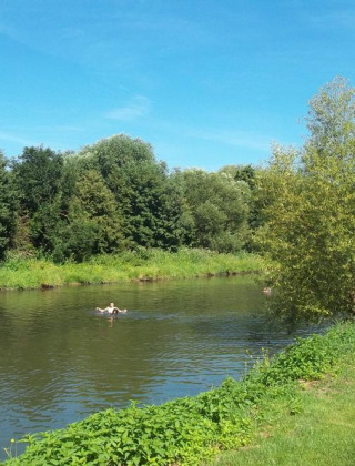 Día soleado en el río de Camping de l'Ill - Colmar, Francia, con nadador y árboles verdes alrededor.