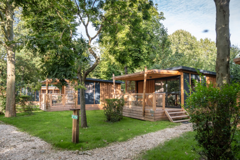 Cabañas de madera modernas con terrazas entre árboles y césped verde, imagen de Chalet Evasion