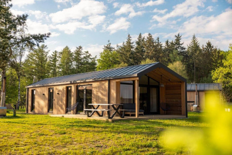 Lodge natural en Wilsumer Berge, Alemania, cabaña de madera moderna con porche, rodeada de césped y árboles.