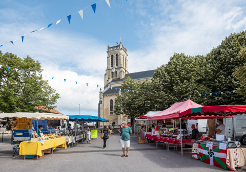 Market stalls and people in front of a church in Saint-Michel-Escalus, Nouvelle-Aquitaine, France.