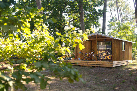 Træhytte Chalet Evasion ved Huttopia Landes Sud i Frankrig med cykler på verandaen omringet af skov.