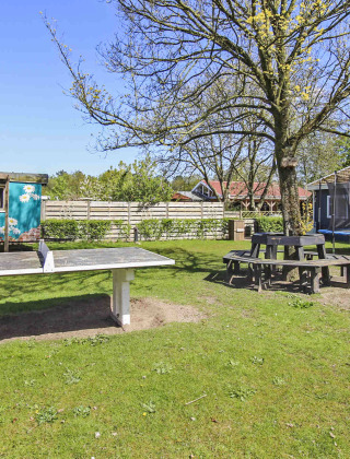 Zona exterior en Uniq Leisure, parque vacacional en Gelderland, Países Bajos con mesa de ping-pong y trampolín.