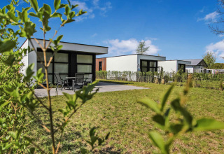 Moderne Ferienhäuser im Uniq Leisure Ferienpark in Gelderland, Niederlande, mit grünen Gärten und Himmel.