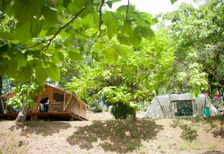 Two tents on a hillside surrounded by leafy trees at Huttopia Sarlat holiday park, Nouvelle-Aquitaine, France.