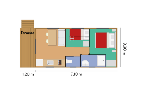 Plattegrond van een pipowagen bij Huttopia Rambouillet met terras, woonkamer, twee slaapkamers en badkamer.