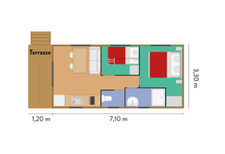 Plan d’une roulotte à Huttopia Rambouillet avec terrasse, séjour, cuisine, deux chambres et salle de bain.