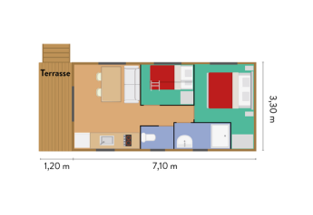 Plan d’une roulotte à Huttopia Rambouillet avec terrasse, séjour, cuisine, deux chambres et salle de bain.