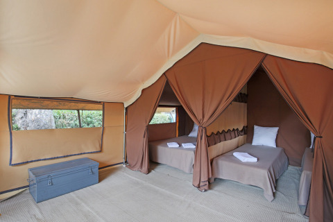 Interior of a safari tent featuring two single beds with linens, towels, trunk, and view of the outdoors.
