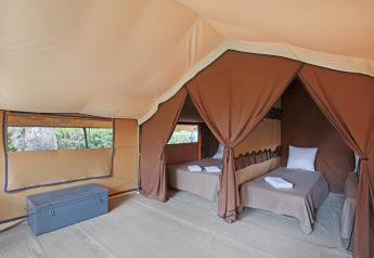 Intérieur d'une tente safari avec deux lits simples, serviettes propres, coffre et vue sur la nature.