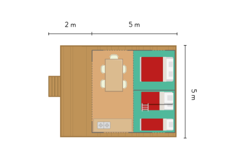 Grundriss des Toile&bois Zeltes Classic bei Huttopia Sarlat in Frankreich, zeigt Betten, Tisch, Küche.