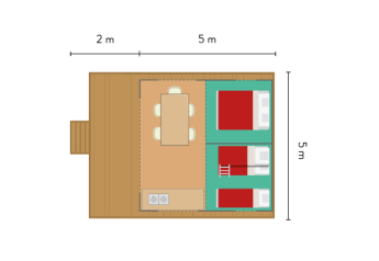 Plantegning af Toile&bois telten Classic på Huttopia Sarlat, viser senge, spisebord og køkken.