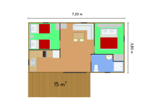 Plano del Mobile home Vancouver en Huttopia Sarlat, Francia, mostrando distribución y dimensiones.