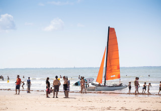 Gezinnen genieten van een zonnige dag op het strand met een zeilboot en spelende kinderen aan het water.