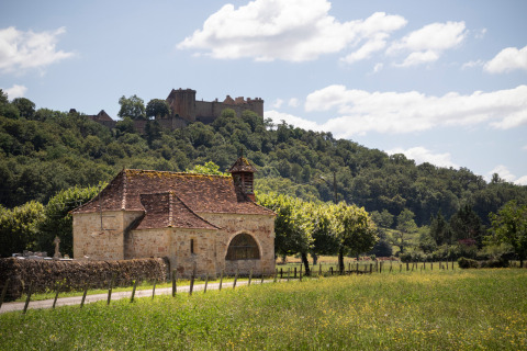 Smuk udsigt over en rustik stenbygning og grønne marker nær Huttopia Beaulieu sur Dordogne i Occitanie.
