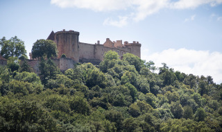Eine imposante Burg thront auf einem bewaldeten Hügel in der Nähe von Beaulieu-sur-Dordogne, Occitanie, Frankreich.