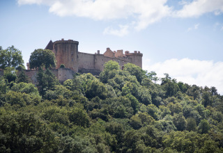 Un château médiéval surplombe une colline boisée près de Beaulieu-sur-Dordogne, en Occitanie, sous un ciel bleu.