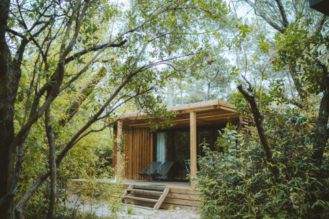 Chalet Portland, een houten chalet in een groene bosrijke omgeving, met terras en ligstoelen.