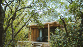 Chalet Portland, en træhytte omgivet af frodig skov, med terrasse og liggestole i naturlige omgivelser.