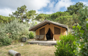 Tente safari Toile&Bois à Huttopia Chardons Bleus - Ile de Ré, entourée de verdure et d’arbres.