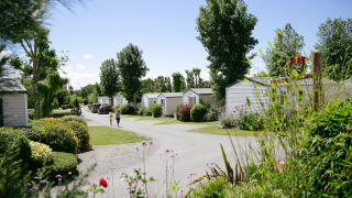 Vakantiehuisjes tussen bloemen en groen op Camping Seasonova Saint Michel in Normandië, Frankrijk.