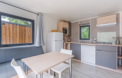 Moderne glamping-accommodatie met uitgeruste keuken, eettafel, grote ramen en grijze zetel.