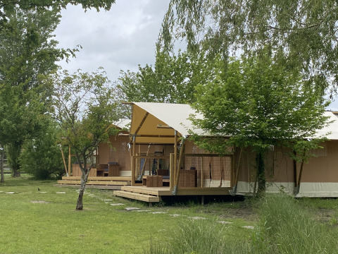 Tende safari allo Slow Lodge immerse nel verde tra alberi e prato, perfette per un soggiorno rilassante.