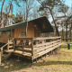 Sommer Lodge safari telt ved Beerze Bulten i Holland, omgivet af skov under en klar himmel.