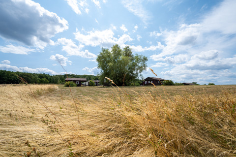 Foto von Camping Seasonova Les Vosges du Nord im Grand Est, Frankreich, mit Hütten und weiten Feldern bei Sonne.