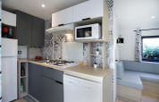 Cucina moderna di un Cottage Prestige al Camping Seasonova Les 7 Iles in Francia, stile elegante e compatto.