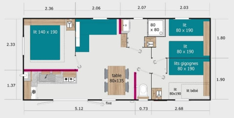 Floor plan of Cottage Prestige at Camping Seasonova Les 7 Iles, showing bedrooms, beds, kitchen and bath.