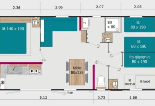Floor plan of Cottage Prestige at Camping Seasonova Les 7 Iles, showing bedrooms, beds, kitchen and bath.