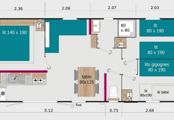 Floor plan of Cottage Prestige at Camping Seasonova Les 7 Iles, showing bedrooms, beds, kitchen and bath.