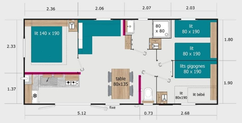 Plano de la Cottage Prestige en Camping Seasonova Les 7 Iles con habitaciones, camas, cocina y baño.