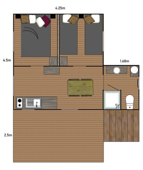 Floor plan of Eco Lodge cabin at Camping Seasonova Les 7 Iles in France, showing labeled measurements.