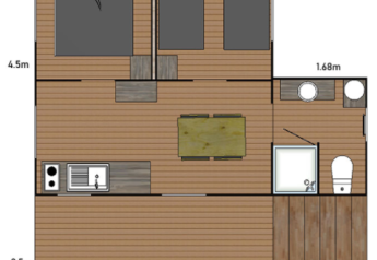 Floor plan of Eco Lodge cabin at Camping Seasonova Les 7 Iles in France, showing labeled measurements.