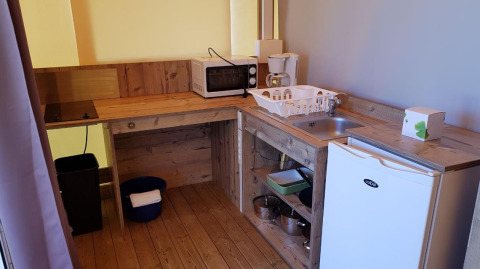 Angolo cottura compatto con piano in legno, lavello, mini frigo e microonde in Ecolodge Pmr in Francia.