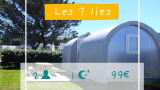 Foto di una tenda safari chiamata Slow Life Stay, 99€, per 2 persone, Les 7 Îles, con alberi dietro.