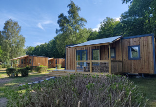 Foto del Cottage Prestige en Camping Seasonova Les Vosges du Nord con cabañas de madera y vegetación.