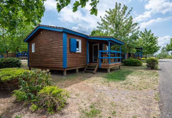 Accogliente chalet in legno con rifiniture blu immerso nel verde, ideale per un’esperienza di glamping.