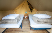 Inside view of a teepee tent with two single beds, wooden floor, and small table with a lamp between them.