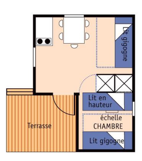 Floor plan of Chalet Olga at Camping Seasonova Les Vosges du Nord showing terrace, kitchen and sleeping areas.