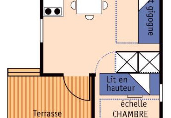 Plattegrond van Chalet Olga bij Camping Seasonova Les Vosges du Nord met terras, keuken en slaapplaatsen.