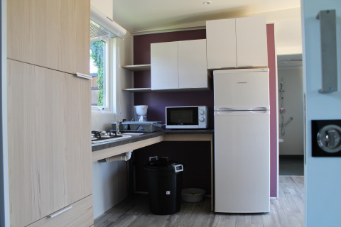 Compacte keuken met ijskast, microgolf en toegankelijke inrichting in een mobiel huis voor mindervaliden in Frankrijk.