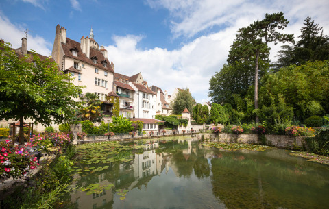 Encantador paisaje cerca de Ounans, Bourgogne-Franche-Comté, Francia, con casas antiguas, estanque y vegetación.