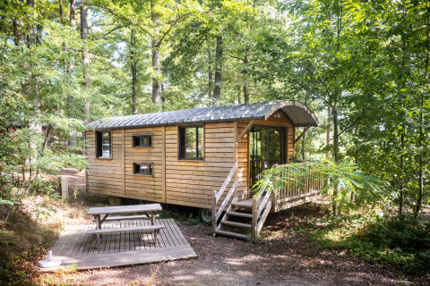 Cabaña de madera en medio del bosque en Huttopia Wattwiller, Grand Est, Francia, con mesa de picnic exterior.