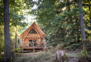 Gemütliche Holzhütte im Wald im Ferienpark Huttopia Wattwiller, Grand Est, Frankreich, zwischen Bäumen.