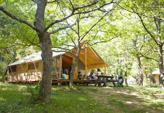 Familia relajándose frente a una tienda safari en un bosque frondoso, rodeados de árboles verdes.