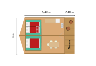 Plano de la Tienda Canadienne II en Huttopia Lac de Serre Ponçon con zonas de dormir y comedor.