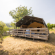 Safari Lodge-telt med privat badeværelse placeret på en forhøjet træterrasse i naturskønne omgivelser.