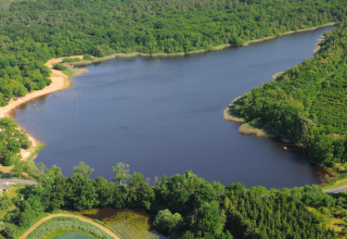 Vista aerea di un pittoresco lago immerso nel verde vicino a Vieilles-Maisons-sur-Joudry, Centre-Val de Loire, Francia.